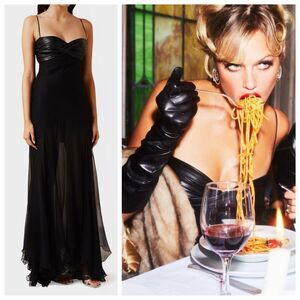 NWT Maria Lucia Hohan Gown Maxi Dress Black 100% Silk Chiffon Leather Leslie 8
